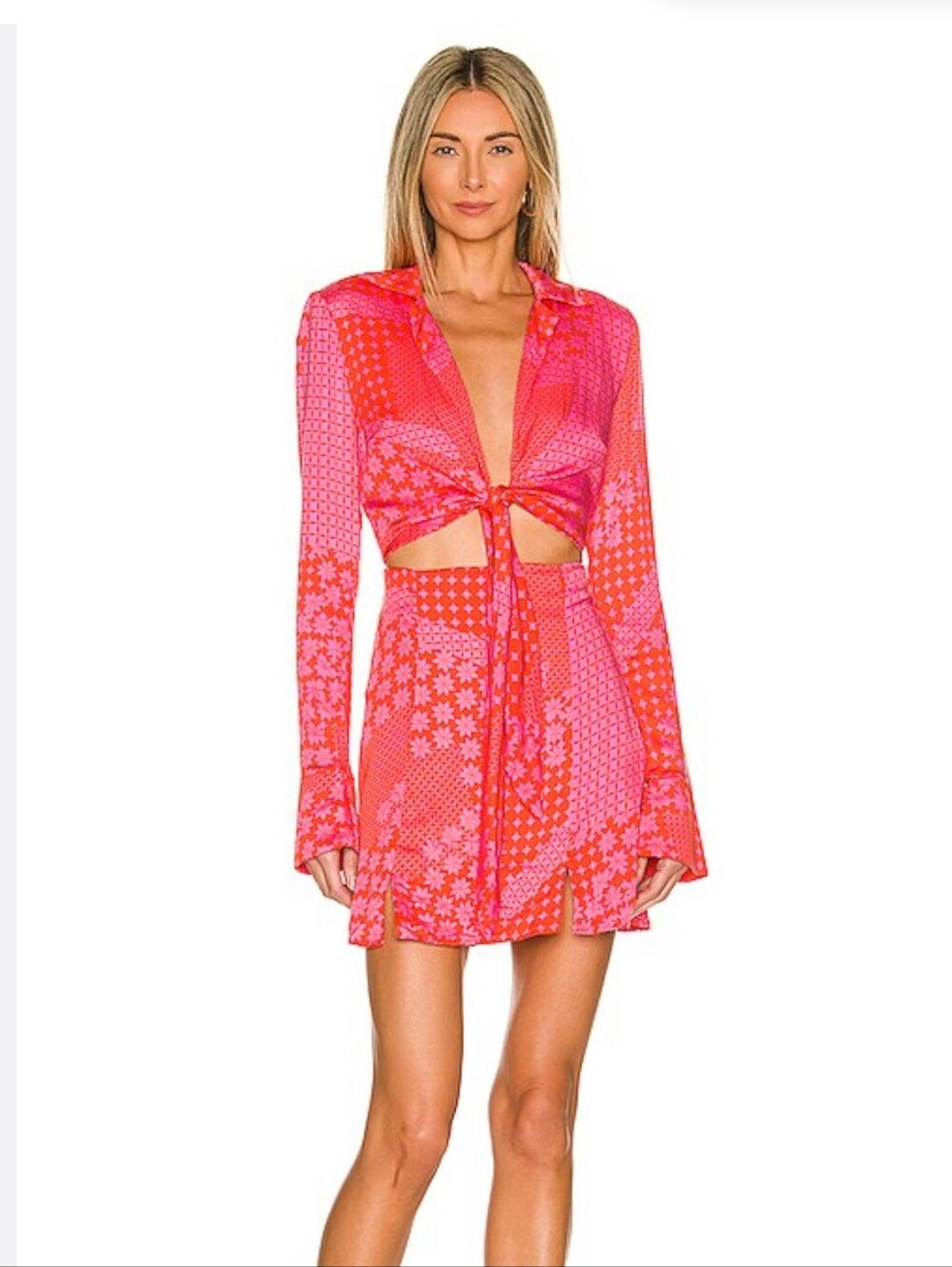 Free People Miki Mini Dress Rose Combo Tie Front Retro Look